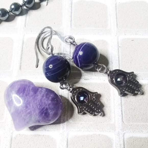 Hamsa Hand Protection Earrings! Purple Agate & Gunmetal Black! Faith Goth Punk - Picture 3 of 5